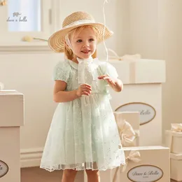 Dave Bella Childrens Princess Dress for Girls Summer Puff Sleeve Mesh Charm Cute Sweet Peter pan Collar DB2240966 240527