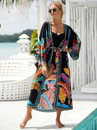 Damen Badebode Bohemian bedruckter Gürtel Kimono Plus Größe Batwing Slve Kleid Sommer Herbst 2023 Frauen Lose Beachwear Badeanzug Sarong Q1 T240523