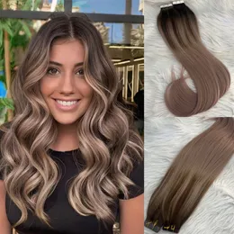 Höchste Klebeband in Haarverlängerung Real Remy Human Hair Balayage T4/18 Asche Blonde Ombre Tape Ins Extensions 100 g/40pcs Vollkopf