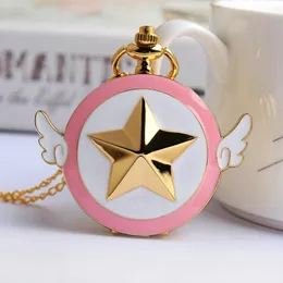 Pocket Watches Japan Anime Cardcaptor Sakura Golden Watch Necklace Star Wings Pendant Chain Clock Women Girls Gift 2174