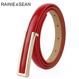 Rainie Sean Patent Leather Women Belt Thin Ladies Midjan för byxor Real Leather Red Blue Black White Pink Female Strap 102cm 210407 253f