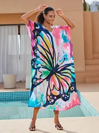 Sunforyou Caftan Dress For Women Butterfly Print Swim Suit Cover Up Lightweight Boho RobeTunic Beach Loungewear