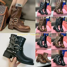 High top long boots for women leather buckle thick heel high boots Martin short boots brown fashion shoes short boots leather belt buckle motorcycle Martin boots