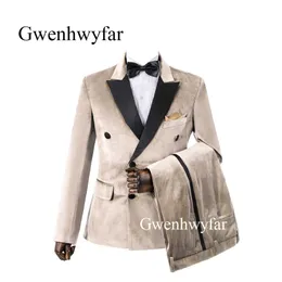 Gwenhwyfar 2020 Neue Champagner Doppelbrust Velvet Tuxedos Britisch -Stil -Männeranpassungsanzug Slim Fit Blazer Hochzeitsanzüge für Männer 2 Bilder 332n