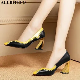 Dress Shoes ALLBITEFO Natural Genuine Leather Women High Heels Mixed Colors Fashion Sexy Heel Girls Party