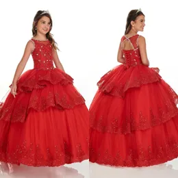 Kırmızı Üç Katman Balyoyu Fırfır Mini Quinceanera Elbiseler Pageant Kız Dantel Boncuklar Dantel-Up Jewel Flower Girl Dress Party Mezuniyet Ki 248o