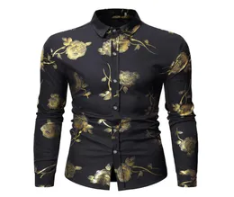 Unik Men039S Geek Rose Gold Shiny Shirts Män blommade tryckta snygga Slim Fit Long Sleeve Men039S Button Down Dress Shirt9533923