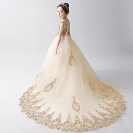 Langzeiten mit dem auftretende Mädchen Festzugsgeburtstagsfeier Kleid Gold Tüll Pine Blumen Mädchen Prinzessin Kleid Flauschige Kinder Erste Kommunion Kleie 333m