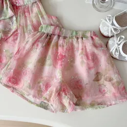 女の子のプリンセススーツ夏の弓ベストシャツ+ショーツパーティーベビー服の幼児の女の子の服子供2ピースセット2-7yrs