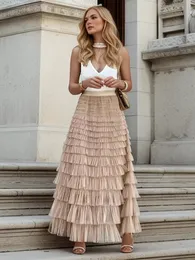 Houzhou Solid Multilayer Ruffle Mesh Skirt女性Boho High Waist Long Maxi Tulle Skirt Spring Summer Party Womens Clothes 240527