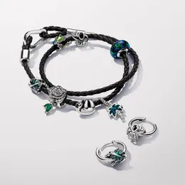 NEW 925 silver designer bracelets for women Climbing Frog Charm Pandoras Moments Brown Braided Double Leather Bracelet Green Heart Stud Earrings luxury jewelry