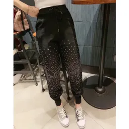 Yeni Elmaslar Glitter Pantolon Kadın Kırpılmış Pantolonlar Siyah Beyaz Parlak Stripe Street Giyim Sweetpants Joggers Yüksek Bel Harem Pantolon