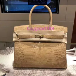 AA Biriddkkin Delicate Luxury Womens Social Designer Totes Bag axelväska full handgjorda riktiga krokodil läderväska 30 cm handväska kvinnlig aprikos