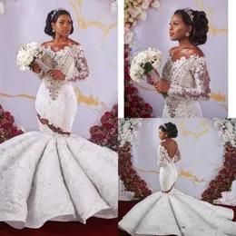 Shinny Crystal African Off Shoulder Mermaid Wedding Dresses 고급 슬리브 오픈 깎아 지른 얇은 레이스 신부 가운 플러스 커스텀 제작 220i