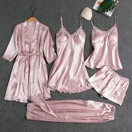 Women's Sleepwear Pajama Set Women Lace Trim Satin Slpwear Pyjamas Summer Nightwear with Pants Casual Home Wear Kimono Robe Gown lenceria T240523