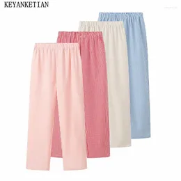 Frauenhose Keyanketian 2024 Start Plaid Pyjamas-Taschen Elastische Taille Lose lange Hosen süße Gerade-Leg