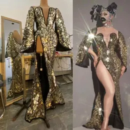 Women cantante concerto palcoscenico indossare sequestri per specchio laser in oro a fessura di abiti lunghi nightclub sexy qerformance abiti da ballo celebrazione 241f 241f