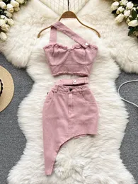 Summer Pink Denim Sexy Women Sets Elegant Zipper Speles Sheshes Abbotta Pocante Irregolare Slier Slim Slim Two Piece Set 240521