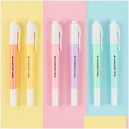 Höjare Partihandel 6/Set Double Head Fluorescerande Highlighter Pen Markers Pastell Ding för Student School Office Supplies Cute Dro DHNPC