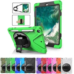 Para iPad 9,7 polegadas A1822 A1823 A1893 A1954 Casos de tablets PC Silicone Hybrid Chopter 360 Tampa de kickstand rotativa com cinta de ombro de mão Case de proteção contra cinta