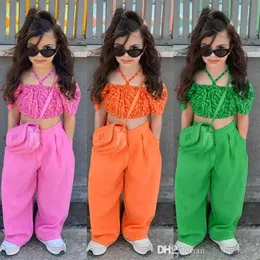 Kids Tracksuit Summer INS Two Piece Set Fashion Hater Pleated Bubble Sleeve Crop Top And Straight Pants 2Pcs Sets Casual Suit Childern Baby Clothes