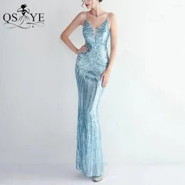 Party Dresses Sky Blue Prom Mermaid Mönster Spets Sequin Evening Gown Spaghetti Stems Backless V Neck Woman Form Formal Dresschic