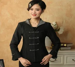 Women039s Jackets Frauen Seidensatin Jacke Schwarz traditioneller chinesischer Stil Bluse Stickerei Blumen -Outwear Slim Vintage Button 4878353