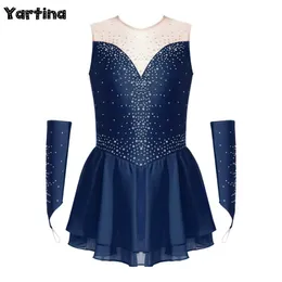 Dancewear Kids Girls artistic figura pattinaggio Ballet Dance lirica vestito scintillante Rhinestone Rhythm Gymnastics Dance Desame With Gloves Y240524