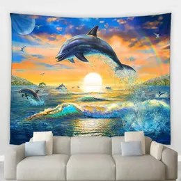 Wandteppiche Delphin Hippie Wand hängen Wandteppiche Ozean Tropical Marine Tierölmalerei Landing Hintergrund Tuch Kinder Schlafzimmer Wohnkultur