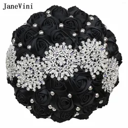 Düğün Çiçekleri Janevini Vintage Siyah Çiçek Tutucu Buket Lüks Rhinestone Boncuklu Gelin De Fleure Mariage