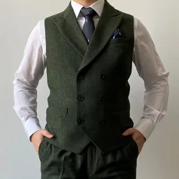 2021 BRISTISH GREEN GROOM VESTS DOBLESTERED BROWN WOLE HERRINGBONE TWEED GROOMSMENベストメンズスーツプロムウェディングウエストコートドレスATTI 2459