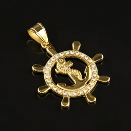 Okrągły kotwica stalowa stalowa wisiorek 24K złota Lced Out Bling Rhinestone Punk Naszyjnik długi kubański łańcuch mężczyzn Kobiety biżuteria hiphopowa 299r