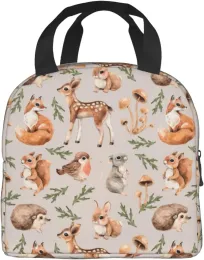 Симпатичные лесные животные сумки для ланча Compact Tote Bag Squirrel Deer Fox Hare и Hedgehog многоразовый ланч -контейнер для школьной работы