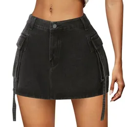 Юбка для грузовой юбки Женщины пуговица мини -джинсы джинсы с карманным низким талия
