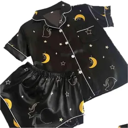 Ev Giyim Qweek İpek Pijamalar Kadınlar İçin Pijama Satin Femme Baskı Nightgown Set Kadın Pijama Takım Sökme Şortları ve Top 210830 D Otuea