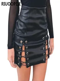 Riuooplie Black Criss Cross Pencil Skirt Women Elegant Pu Faux LeatherハイウエストMini6226305