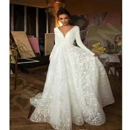 2020 Boho Modern Long Sleeve Princess Wedding Dresses v Neck Covered Button Lace Lace Train Grow Vestido de Novia BC2474 228N