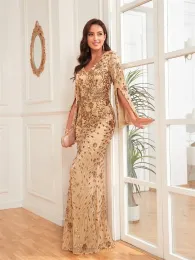 LucyInlove Luxury Champagne Abiti da sera per donne 2024 Serrate lunghe paillettestri formali a V-Neck Prom Wedding Party Gowns