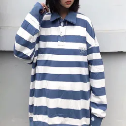 Women's Polos Long Sleeved Tshirts Japanese Spring Shirt Harajuku Blue And White Striped Polo Casual Loose Thin For Male Female