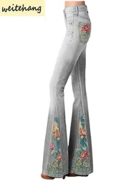 Весенние новые модные джинсы градиент цветочный принцип имитация джинсовая джинсовая доза женщин с высокой талией длинные брюки плюс размер женские брюки H3924594