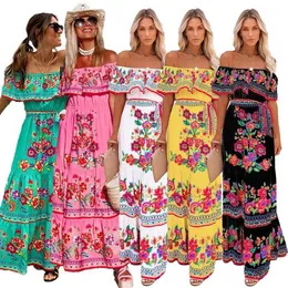 Grundläggande avslappnade klänningar mexikanska traditionella etniska mexikanska Cinco de Mayo Summer Floral Print off Axla Women Mexikansk klänning T240523