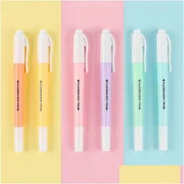 Highlighters grossist 6/SET DUBBEL Huvud Fluorescerande Highlighter Pen Markers Pastell Ding för Student School Office Supplies Cute Drop Dhiey