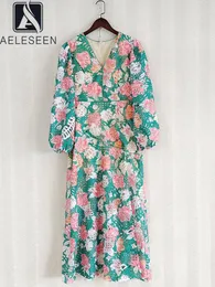 Abiti casual Aeleseen stilista abito lungo donna donna primavera estate manica a v-scollo a v-collo rosa fiore di fiori vuoti