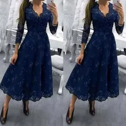 Blu navy a v collo modesto tè lunghezza plus size abito madre della sposa 3 4 maniche lunghe abiti da festa per la festa di pizzo ospiti formali 205c