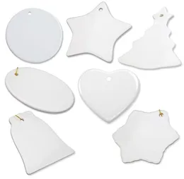 Nova sublimação em branco Ornamento Cerâmica branca Cerâmica 3 polegada redonda Coração de estrela pingente de porcelana com corda de ouro para o Natal de8595848