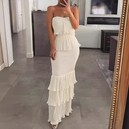 Casual Dresses Fashion Pleated Cascading Ruffles Women Elegant Party Sexy Tube Top Slim Bodycon Long Dress Solid Color Lady