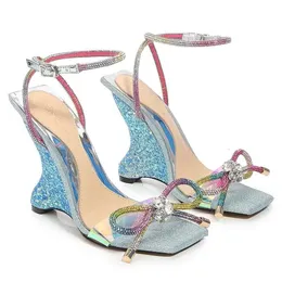 Ladies Shaped Bling Heel Sandals Iridescent Diamond Bow Sier Buckle Open Toe Square Plus Size 3441sa 82a