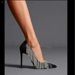 Sexy Crystal Sandals Bling Elegant Fringe Woman Diamond Chain Stiletto Shallow Cover Heels Black Veet Noble Dress Sandal Bordered 3e0