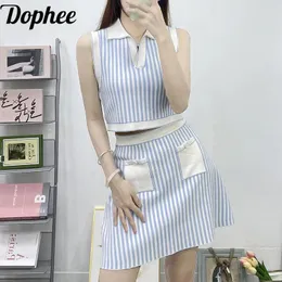 Work Dresses Dophee Preppy Style Colorblock Vertical Stripes Two-piece Set Elegant V-neck Sleeveless Tanks Crop Top Short A-line Skirt Suit