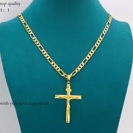 Real 10k giallo solido oro fine gf Jesus Cross Crucifix Charm Big Pendant 55*35mm Figaro Chain Necklace 991